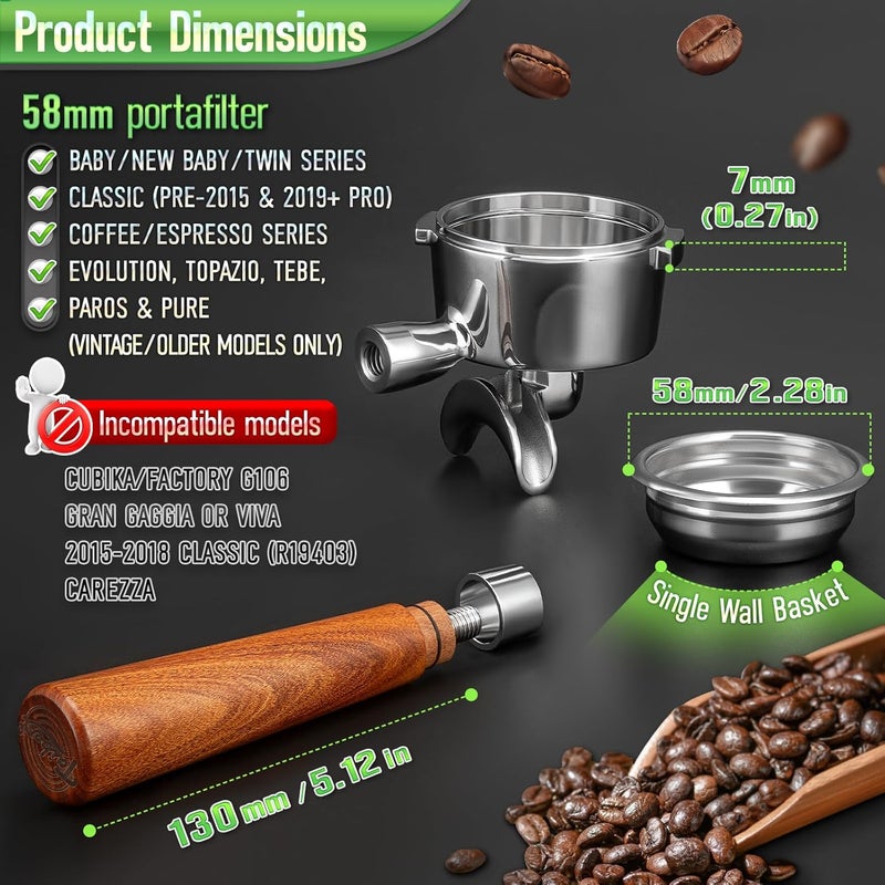 TaiBest 58mm Dual Spout Portafilter for Gaggia Baby Series & Classic (Pre-2015/Pro 2019+) | Not 2015-2018 | Rosewood Handle & Steel Basket - Image 2